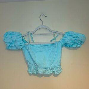 Zara Bright Light Blue Smocked Puff Sleeve Top Sz XS